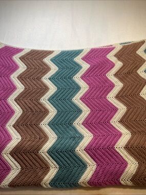 Chevron Knit Throw Blanket in Pink, Teal, Brown & Cream HAND CRAFTED